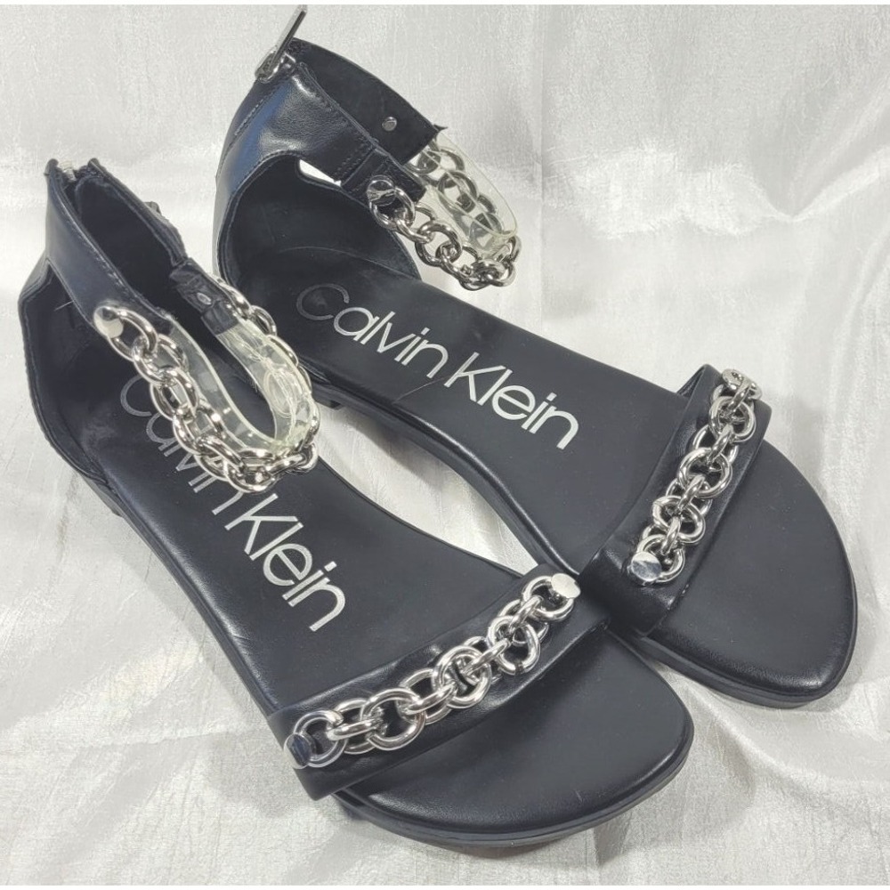 Calvin Klein Women's Kachain Chain Ankle Strap Flat Sandals - Black - Size 9M